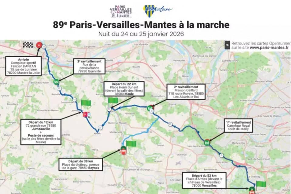 La carte des parcours de Paris-Versailles-Mantes, programmé le 25 janvier 2026 dans les Yvelines.
