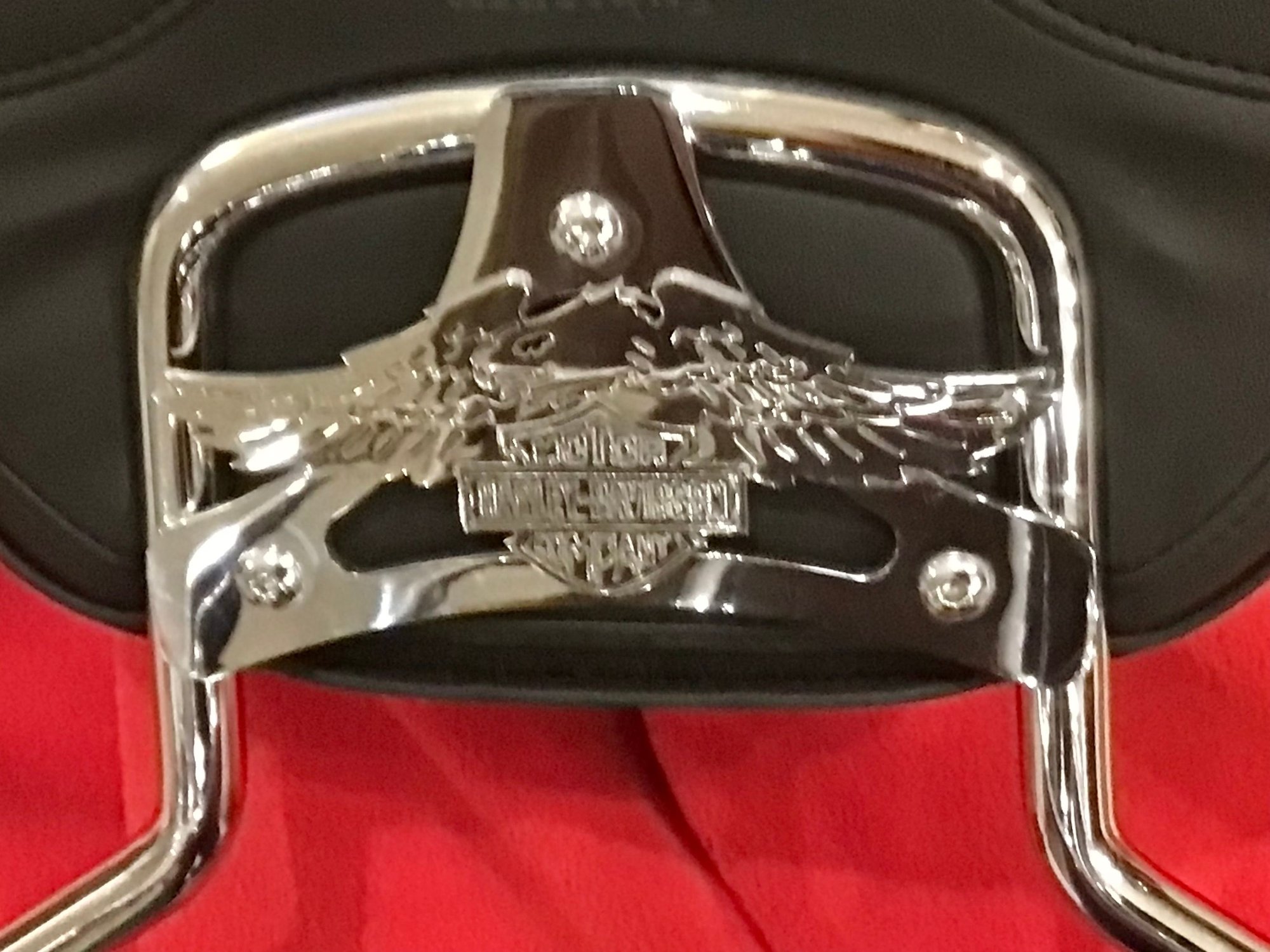 , Moto: Sissy bar HD avec porte-bagages.